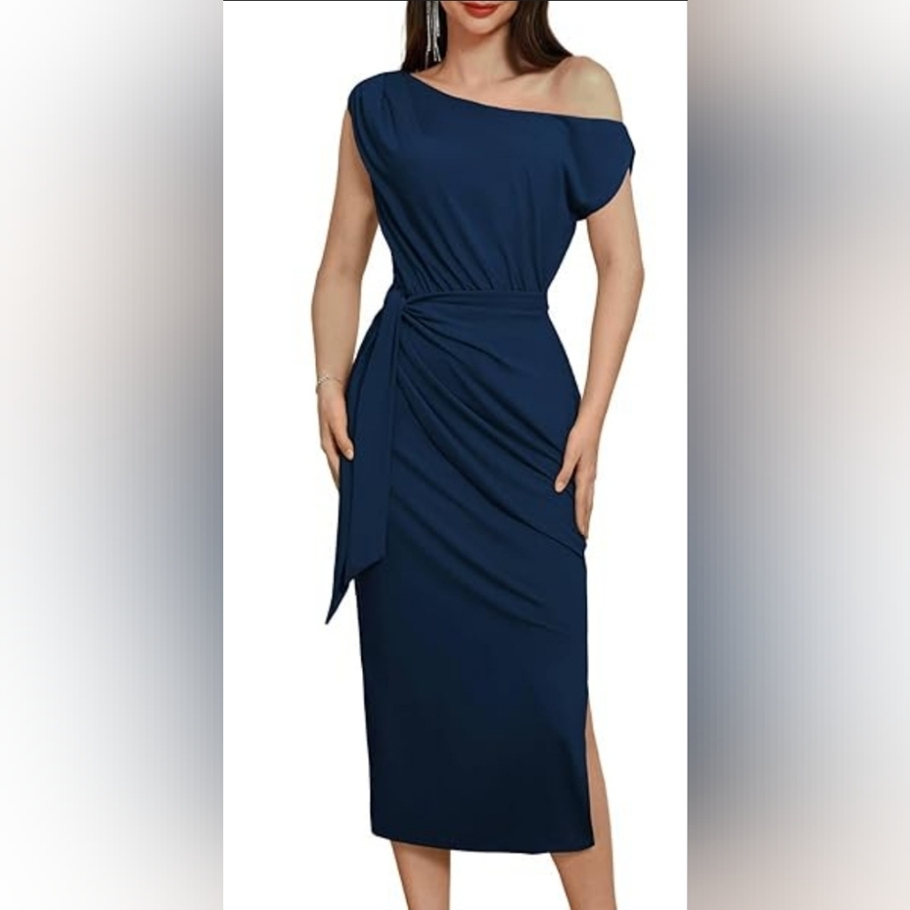 Grace Karin Navy One-Shoulder Midi Sheath with Side Drape